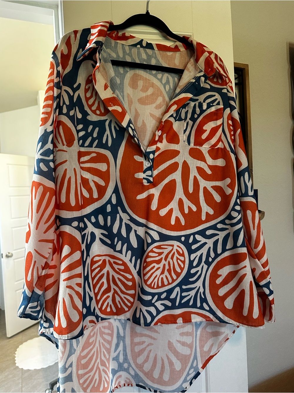 Women’s Blue & Orange Printed Button-Front Tunic Top